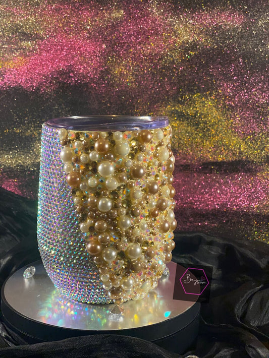 Bling and pearls Blinged out wine tumbler(half and half)